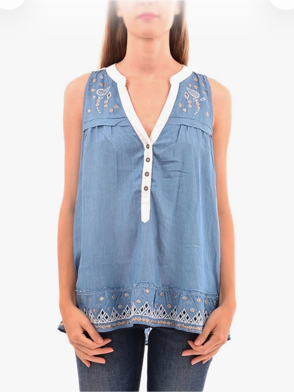 Desigual Blue Sleeveless Embroidered Tunic with White Trim